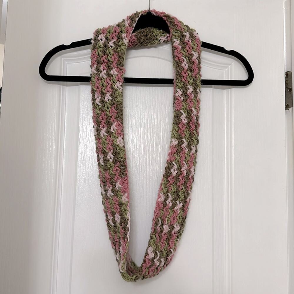 Pink and green infinity crochet loop scarf
